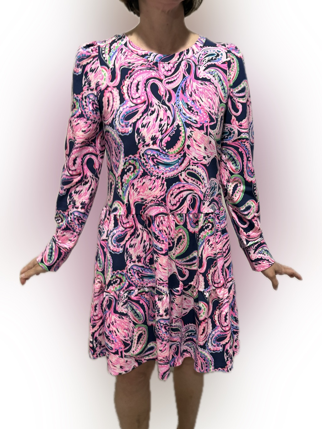 Lilly Pulitzer Pink Paisley Long-Sleeve Tiered Swing Dress With Navy